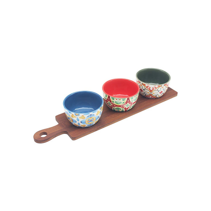 Set of 3 Tuscany Ceramic Bowls on Wooden Tray with Handle