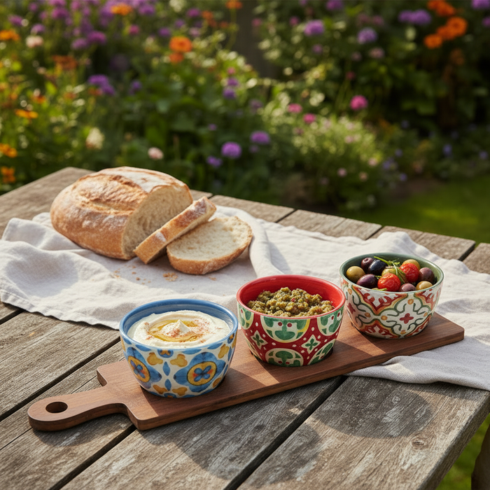 Set of 3 Tuscany Ceramic Bowls on Wooden Tray with Handle