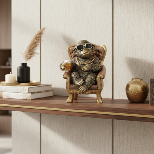 Decorative monkey figurine with sunglasses and a drink on a chair, placed on a wooden shelf.