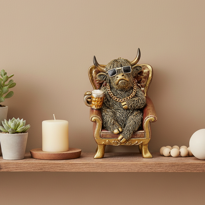 Bronze statue of a highland cow sitting in an armchair, holding a mug and wearing sunglasses and a chain.