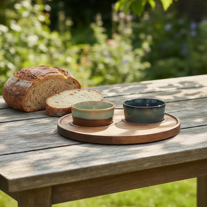 Loaf of bread and two ceramic bowls on a wooden table outdoors.