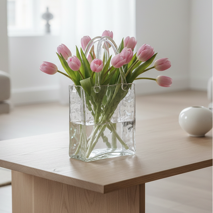 Clear Glass Bag Vase with Handles
