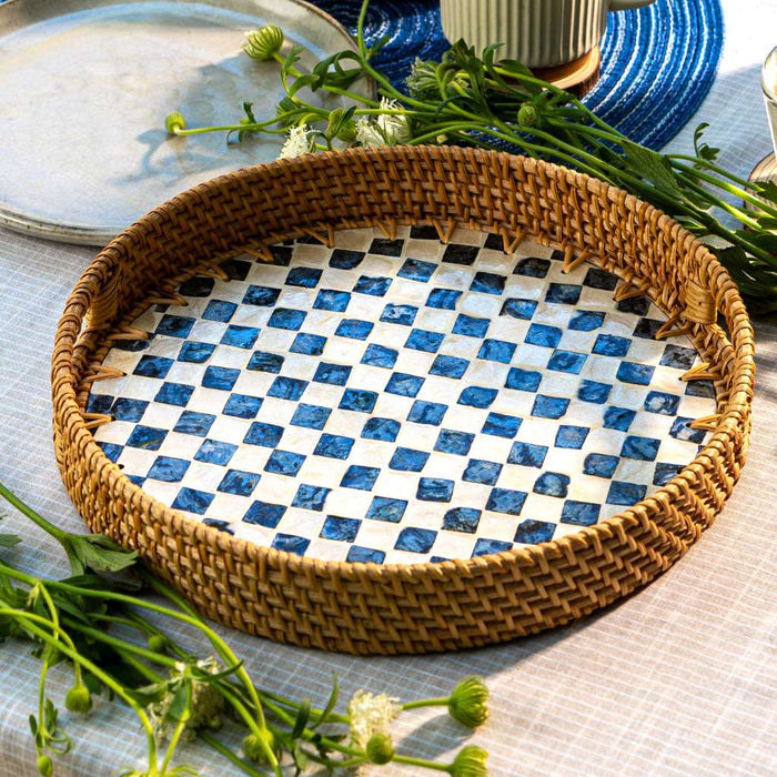 Rattan & Mother of Pearl Serving Tray with Handles – Handwoven Round Tray