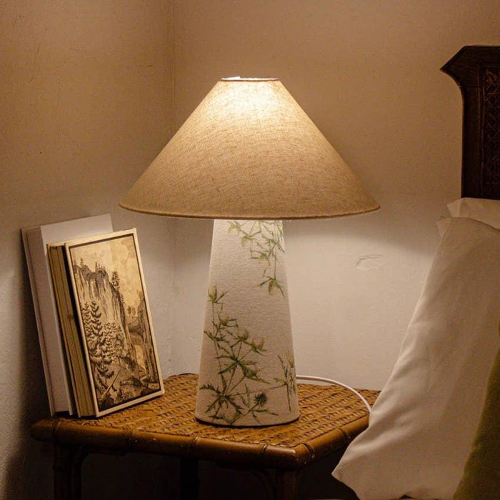 Green Thistles | Fabric Lamp | With Cone Shade | 43cm - GingerInteriors.co.uk
