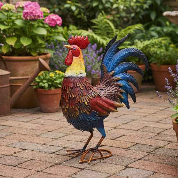 Garden metal cockerel/ hen red and blue named Isaac measuring 16 x32 x 45cm