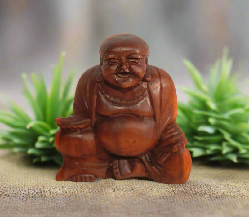 Carved Wooden Laughing Buddha 20cm