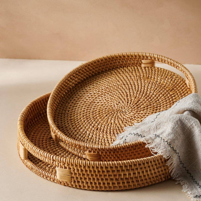 Round Rattan Serving Tray with Handles – Handwoven Natural Tray