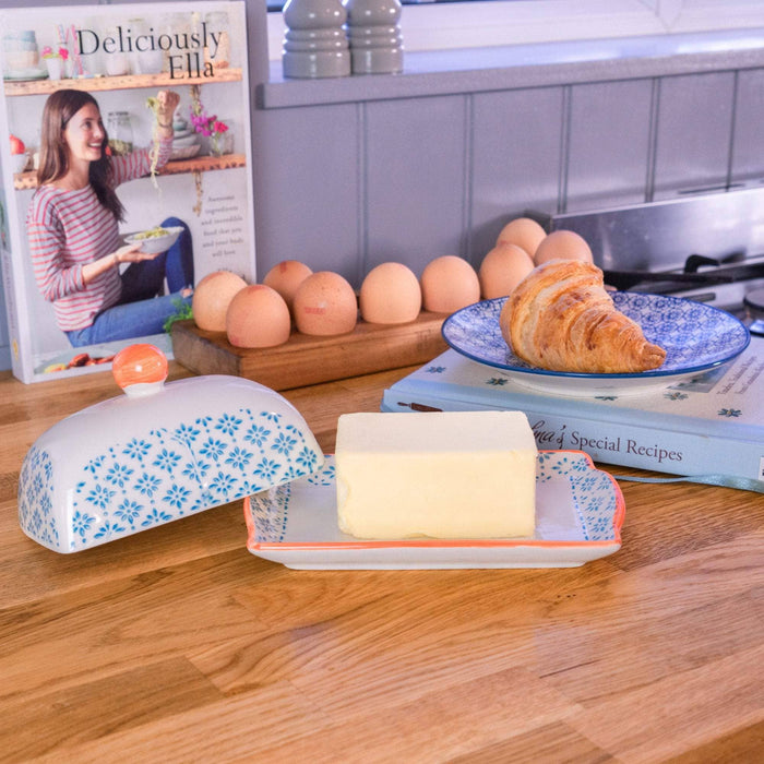 Nicola Spring Patterned Butter Dish with Lid Blue and Orange