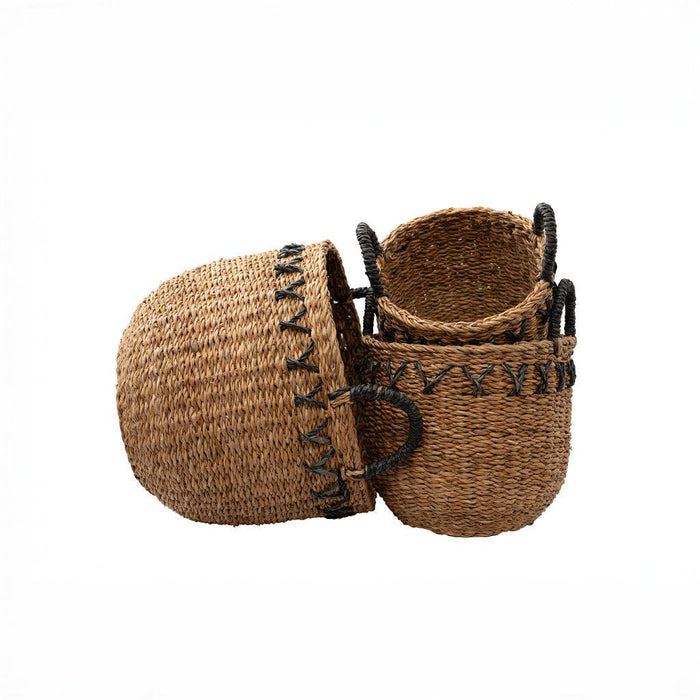 Haora Seagrass Baskets Set of 3 with Black Detail | Handwoven Natural Storage