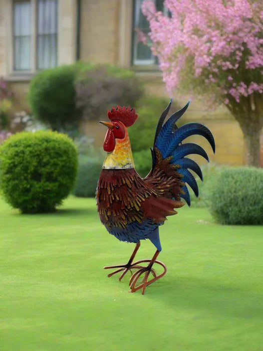 Garden metal cockerel/ hen red and blue named Isaac measuring 16 x32 x 45cm - GingerInteriors.co.uk