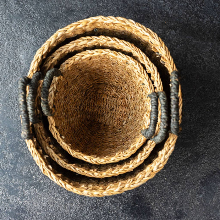 Haora Seagrass Baskets Set of 3 with Black Detail | Handwoven Natural Storage