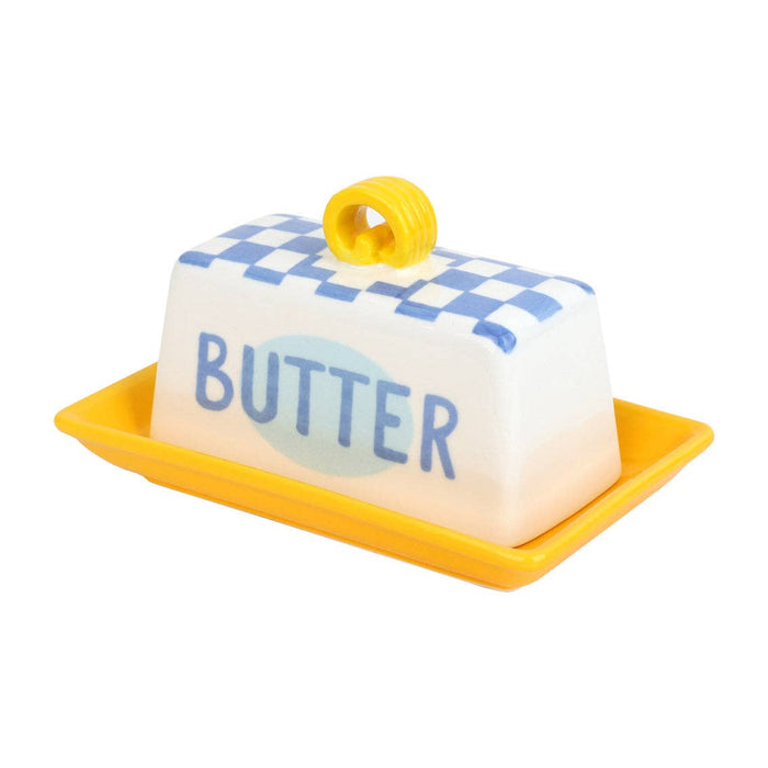 Blue Check Butter Dish – Stoneware Butter Dish with Lid | Bistro Style Kitchen Storage