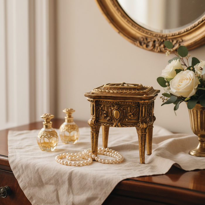 Antique Gold Dresser Trinket Box | Ornate Vintage Jewellery & Keepsake Storage Box