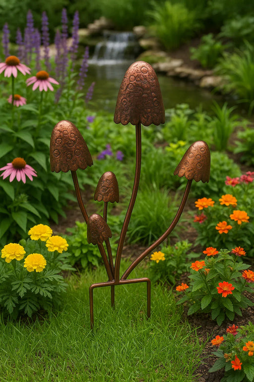 Handmade bronze powder coated mushrooms stake 80cm - GingerInteriors.co.uk