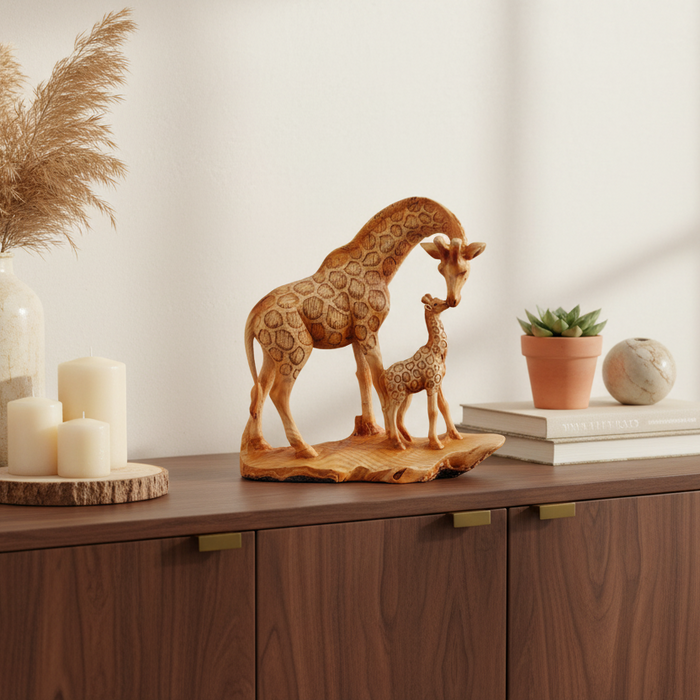 Giraffe Ornament Pair – Carved Wood Effect Giraffe Figurines for Home Décor