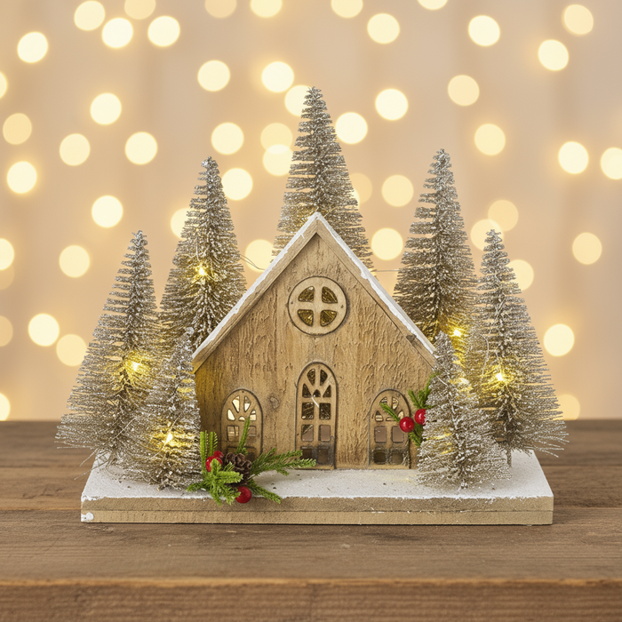 Wooden House With Light Up Gold Trees-20 LED