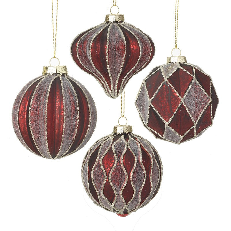 Red & Glittered Glass Bauble Christmas Tree Decorations - Set of 4