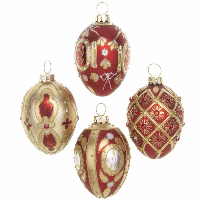 Jewel Egg Mini Baubles Christmas Tree Decorations Red / Gold- Set of 4