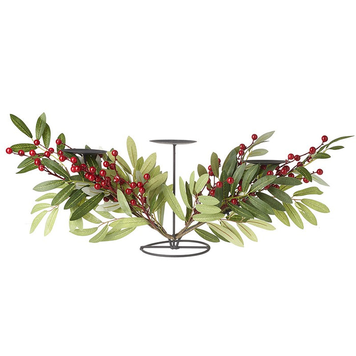 Large 3 Candle Holder-Red Berry & Green Leaf Centre Piece