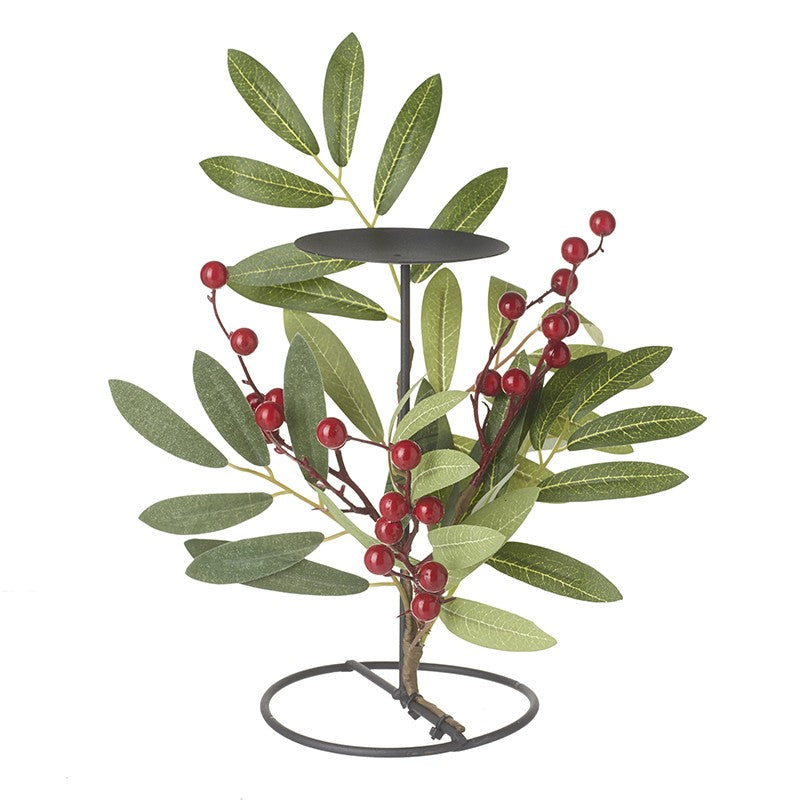 Single Candle Holder-Red Berry & Green Leaf Centre Piece