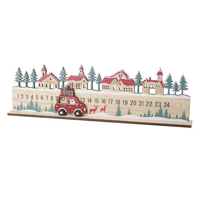 Advent Countdown - Festive Wooden Sleigh Scene with Red Car Counter
