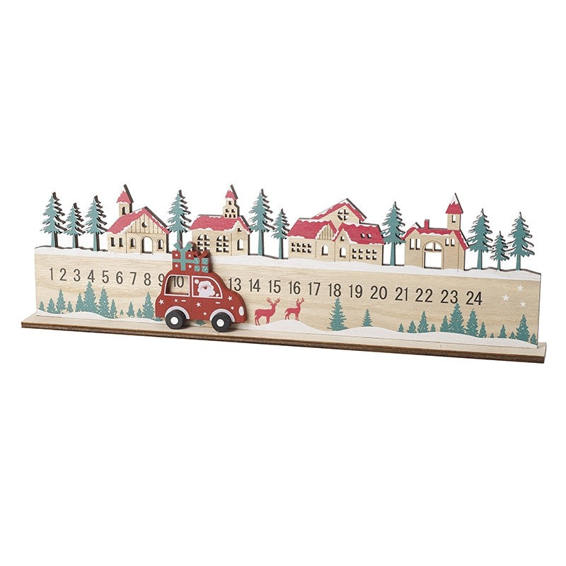 Advent Countdown - Festive Wooden Sleigh Scene with Red Car Counter