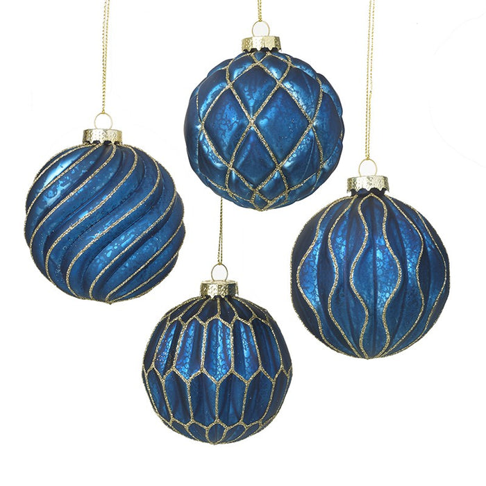 Dark Blue & Gold Glass Bauble Christmas Tree Decorations - Set of 4