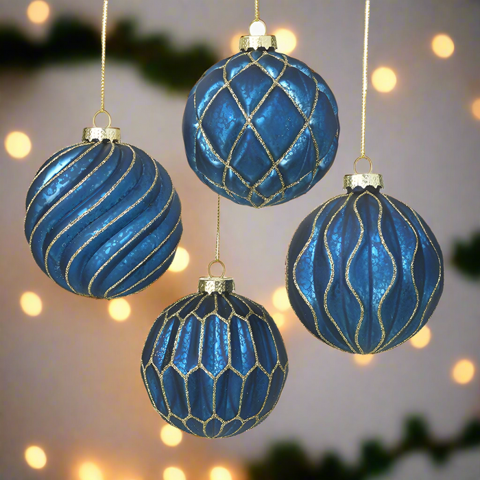 Dark Blue & Gold Glass Bauble Christmas Tree Decorations - Set of 4