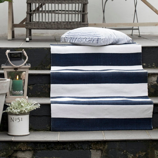 Marine Blue Striped Cotton Woven Rug Runner