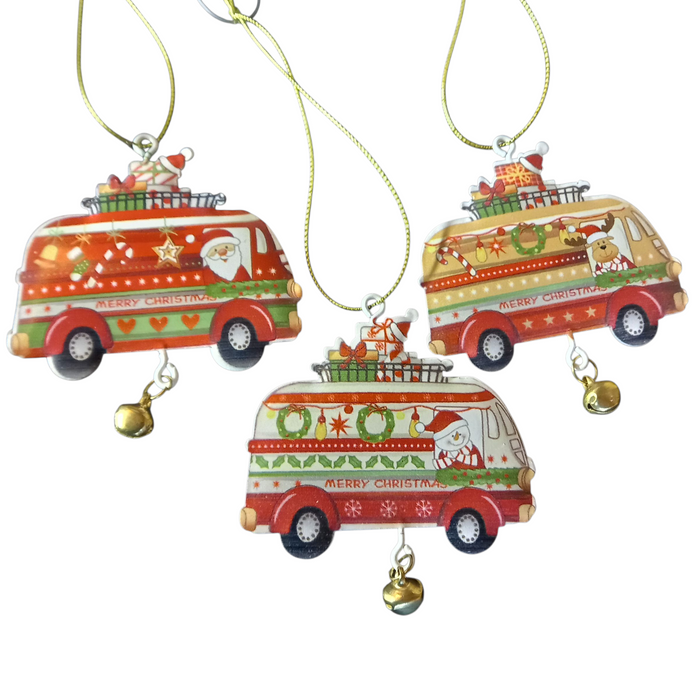 Set of 3 Camper Van Christmas Tree Decorations Sant/Snowman/Reindeer