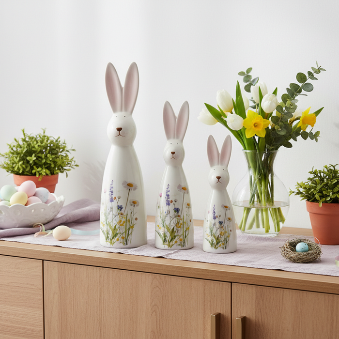 White Ceramic Rabbit With Flowers