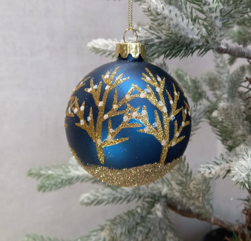 Blue Glass Bauble With Gold Trees - GingerInteriors.co.uk