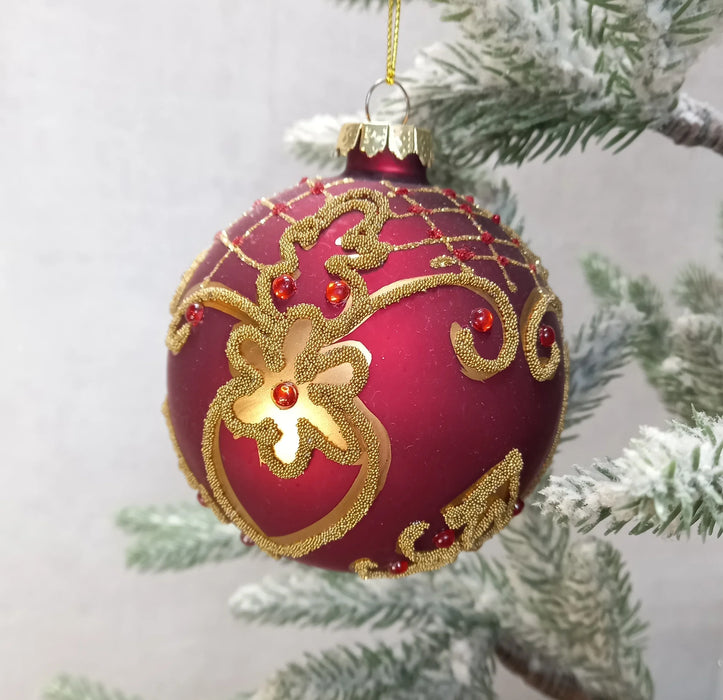 Red Glass Bauble With Gold design and Ruby gems. - GingerInteriors.co.uk