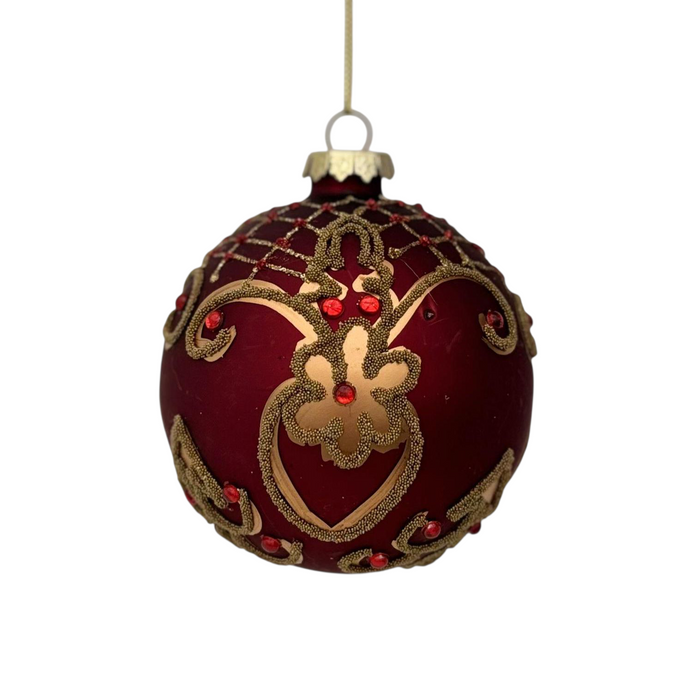 Red Glass Bauble With Gold design and Ruby gems.