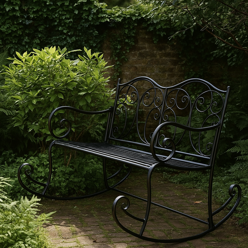 Decorative black metal bench in a garden setting with greenery.