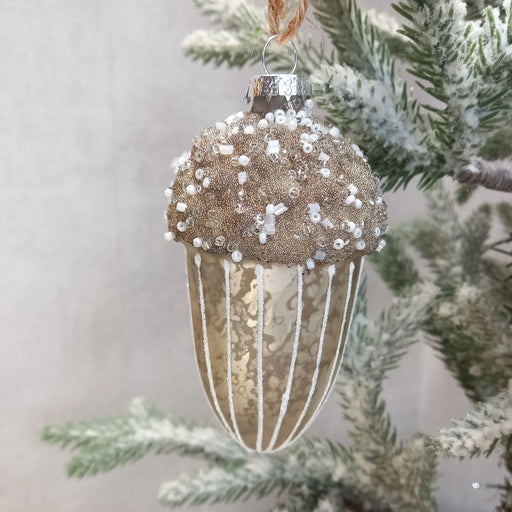 Acorn Glass Bauble with Gold and White sparkle - GingerInteriors.co.uk