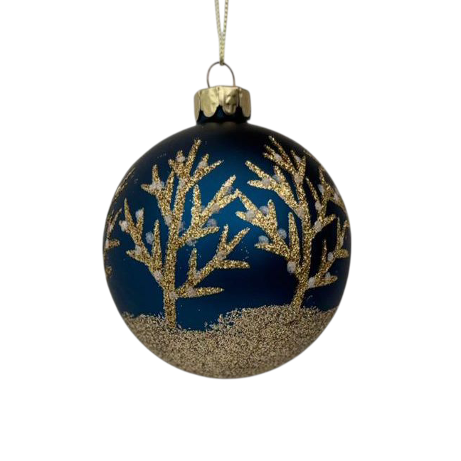 Decorative Christmas ball with gold tree design on a blue background