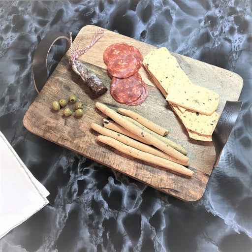 Natural Wooden Bread Board Leather Handled Serving Tray