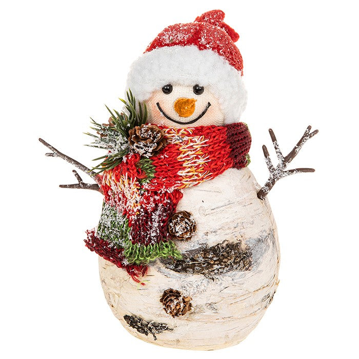 Snowman Figure - Birch Fat Snowman Red Hat 18cm