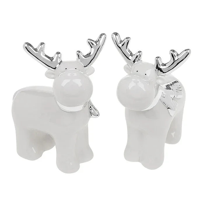 White Ceramic Reindeer Pair, Silver Scarf and Antlers - GingerInteriors.co.uk