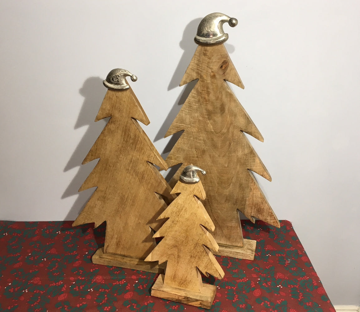 Wooden Christmas Trees with Silver Santa Hats