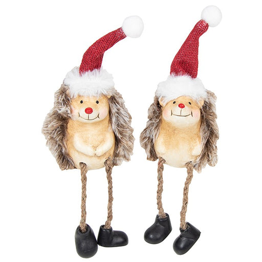 Christmas Hedghogs - Shelf Sitting Pair of fluffy Hedge Hogs with Santa Hats