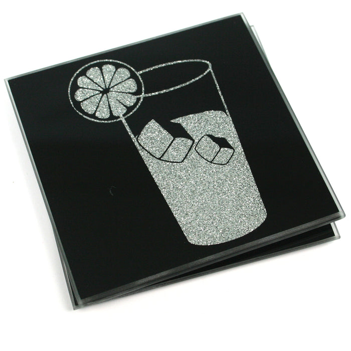 Glitter Coasters - Black Glass with Silver Gin & Tonic - Set of 2