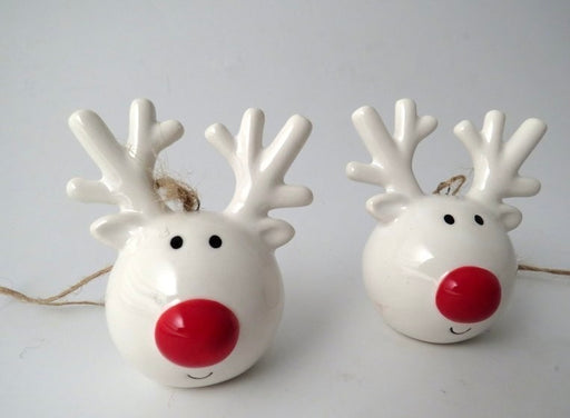 Reindeer Head Ceramic Hanging Christmas Tree Decorations - Set of 2