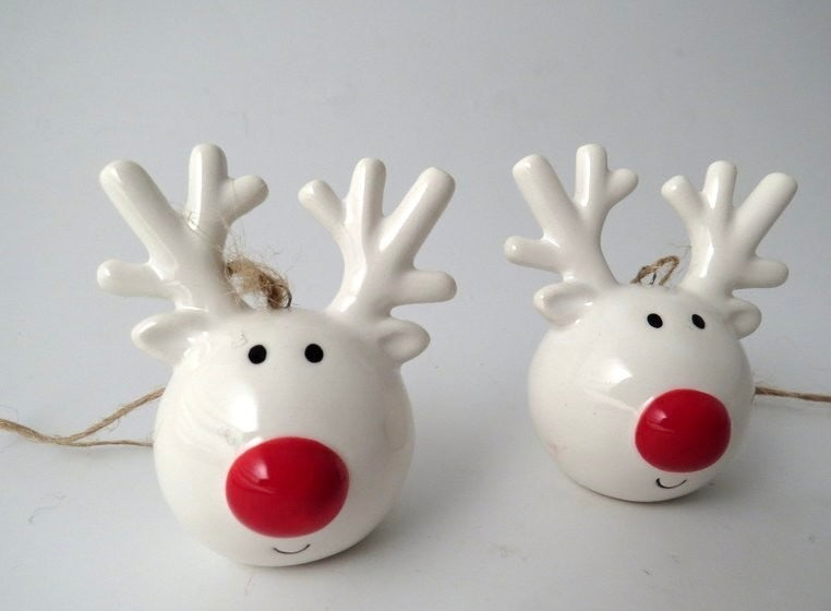 Reindeer Head Ceramic Hanging Christmas Tree Decorations - Set of 2