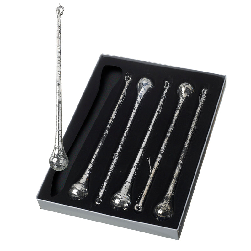 Long Glass Droplets Christmas Tree Decorations - Glass Glitter Icicles Set of 6