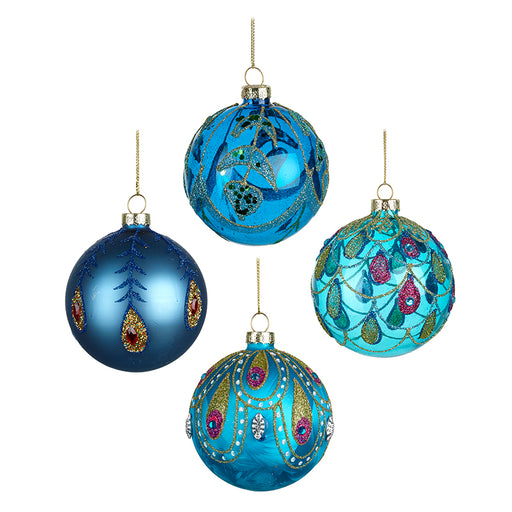 Peacock Blue & Gold Glass Bauble Christmas Tree Decorations - Set of 4