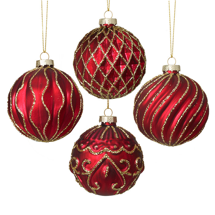Red & Gold Glass Bauble Christmas Tree Decorations - Set of 4