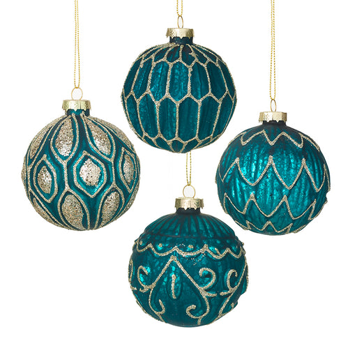 Peacock Blue & Gold Glass Bauble Christmas Tree Decorations - Set of 4