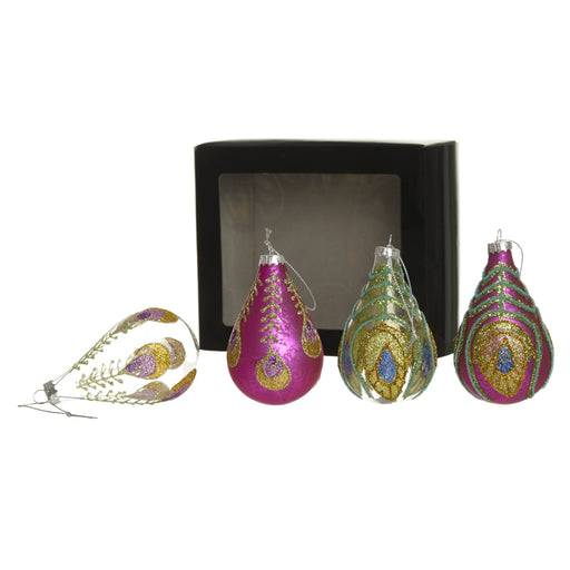 Peacock Teardrop Bauble Set of 4 - Pink Green Gold